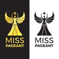 Miss pageant logo - Black and gold tone The beauty queen pageant wirh wigs and raise both arms hold star vector design Royalty Free Stock Photo