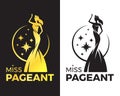 Miss pageant logo - Black and gold tone The beauty queen pageant standing and waving with stars and circle ring around vector