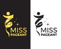 Miss pageant logo - Black and gold tone ribbon roll and waing to woman model shape and star around vector design