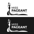 Miss pageant logo - black and white The beauty queen pageant in long evening gown wearing a crown and motion hand vector design