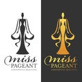 Miss pageant logo sign - black and gold woman queen with cape vector design Royalty Free Stock Photo