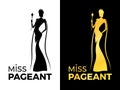 Miss pageant logo sign with woman queen wear crown and Beauty cape hold Wand vector design Royalty Free Stock Photo