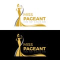 Miss pageant logo - yellow gold and Black The beauty queen pageant in long evening gown wearing a crown and hand hold star vector