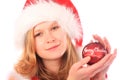 Miss Santa is Holding a Red Christmas Tree Ball Royalty Free Stock Photo