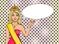 Miss the world of beauty. The girl, the winner of the contest of models. Vector, pop art. Comic style. Text bubble.