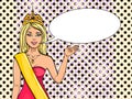 Miss the world of beauty. The girl, the winner of the contest of models. Raster, pop art. Comic style. Text bubble.