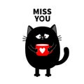 Miss you. Cat kitten holding coffee cup. Sad grumpy bad emotion face. Cute cartoon kitty character. Kawaii funny animal. Love Royalty Free Stock Photo