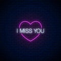 Miss you glowing neon sign with pink heart symbol. Symbol of loneliness in neon style. Vector illustration