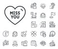 Miss you line icon. Sweet heart sign. Valentine day love. Plane jet, travel map and baggage claim. Vector