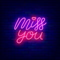 Miss you neon lettering. Happy Valentines Day design. Love declaration. Isolated vector stock illustration Royalty Free Stock Photo