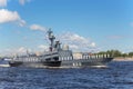 Missile boat Chuvashia on rehearsal of the naval parade on the day of the Russian Fleet in St. Petersburg Royalty Free Stock Photo