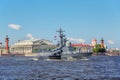 Missile boat Chuvashia on rehearsal of the naval parade on the day of the Russian Fleet in St. Petersburg Royalty Free Stock Photo