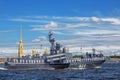 Missile boat Chuvashia on rehearsal of the naval parade on the day of the Russian Fleet in St. Petersburg Royalty Free Stock Photo