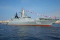 Missile corvette Boykiy closeup of a sunny day in July in the waters of the Neva. Navy day in St. Petersburg