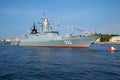 Missile corvette `Boykiy` in the Neva river on Navy day celebration in St. Petersburg