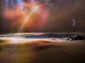 Missile launch, aerial view of space shuttle taking off and moon over the clouds. Royalty Free Stock Photo