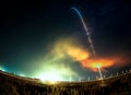 Missile launch at night. Fish eye lens.