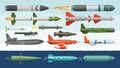 Missile vector military missilery rocket weapon and ballistic nuclear bomb illustration militarily set of rocket