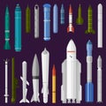 Missile vector military rocket weapon and ballistic nuclear bomb illustration militarily set of rocket-propelled warhead