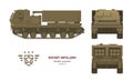 Missile vehicle in realistic style. Rocket artillery. Side, front and back view. 3d image of military tractor