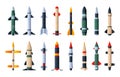 Missiles collection. Military aircraft weapon with warhead, explosive missilery ballistic rocket and artillery
