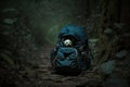 Missing child concept. Abandoned children\'s school backpack with teddy bear forgotten