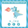 Find the missing letter of cute and kawaii baby dragon spicy worksheet for kids learning vocabulary in English. Royalty Free Stock Photo