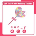 Complete the missing letter worksheet. Candy valentineâs edition