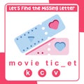 Complete the missing letter worksheet. Movie ticket valentineâs edition