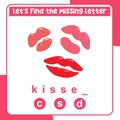 Complete the missing letter worksheet. Kisses valentineâs edition