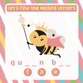 Find the missing letter cute queen bee cartoon worksheet for kids learning animals name in English. Royalty Free Stock Photo