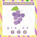 Find the missing letter grapes worksheet for kids learning the fruits names in English.