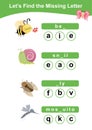 Fill-in the missing letter bugs worksheet for kids