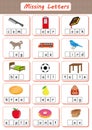 Missing letters, Find the missing letters and write them in relevant places, Worksheet for kids, dyslexia, learning disabilities Royalty Free Stock Photo