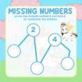 Math game for kids. missing numbers page with colourful and cute unicorn character.