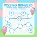 Math game for kids. missing numbers page with colourful and cute unicorn character.