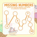 Math game for kids. missing numbers page with colourful and cute unicorn character.