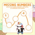 Math game for kids. missing numbers page with colourful and cute unicorn character.