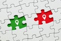 Missing puzzle pieces with map pin location pointer icons. GPS navigation technology