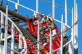 MISSION BAY, CA-USA-11 JULY 2018- People ride Giant Dipper Roller Coaster at Belmont Park. Fun facial expressions. The Mission Be