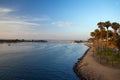 MISSION BAY, CA-USA-8 JULY 2018- View from Mission Bay Dr. Bridge over South Cove and Sunset Point Park. Boats in water, people i