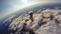 Mission. Parachutist performs an acrobatic trick in the air. Flying men make professional jump.