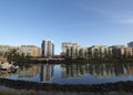 Mission Creek Park waterway with modern buildings