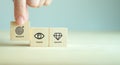 Mission, vision and values of company. Purpose business concept. Hand holds wooden cube with mission symbol and vision, values sym Royalty Free Stock Photo