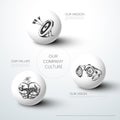 Mission, vision and values diagram schema infographic with hand drawn icons on spheres Royalty Free Stock Photo