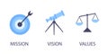 Mission, vision and values flat style design icons signs web concepts vector illustration set isolated on white Royalty Free Stock Photo