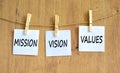 Mission vision values symbol. Concept words Mission Vision Values on white paper on clothespin on a beautiful wooden table wooden Royalty Free Stock Photo