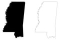 Mississippi MS state Maps. Black silhouette and outline isolated on a white background. EPS Vector Royalty Free Stock Photo
