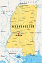 Mississippi, MS, political map, US state, nicknamed The Magnolia State