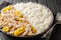 Mississippi Pulled Chicken with ranch seasoning, dried au jus gravy mix and pepperoncini peppers served with rice closeup on the Royalty Free Stock Photo